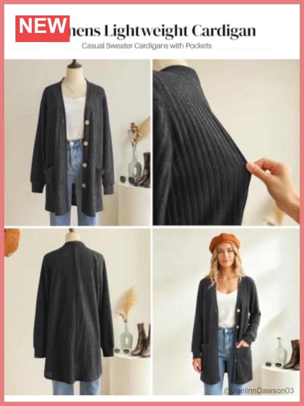Plus Size Ribbed Button Front Cardigan Lightweight with Pockets - Picture 4 of 6